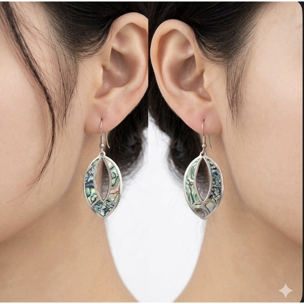 Vintage Alpaca Mexico Silver & Abalone Shell Inlay Open Marquise Dangle Earrings